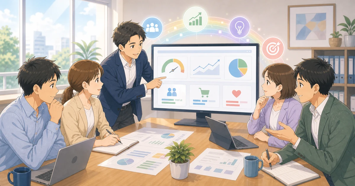 経営判断に使えるダッシュボードとは何かを表すソフトアニメ風のビジネスイラスト