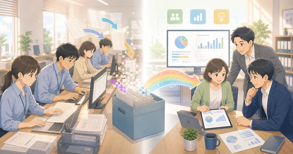 「入力されるだけのデータ」が生まれる理由を表すソフトアニメ風のビジネスイラスト