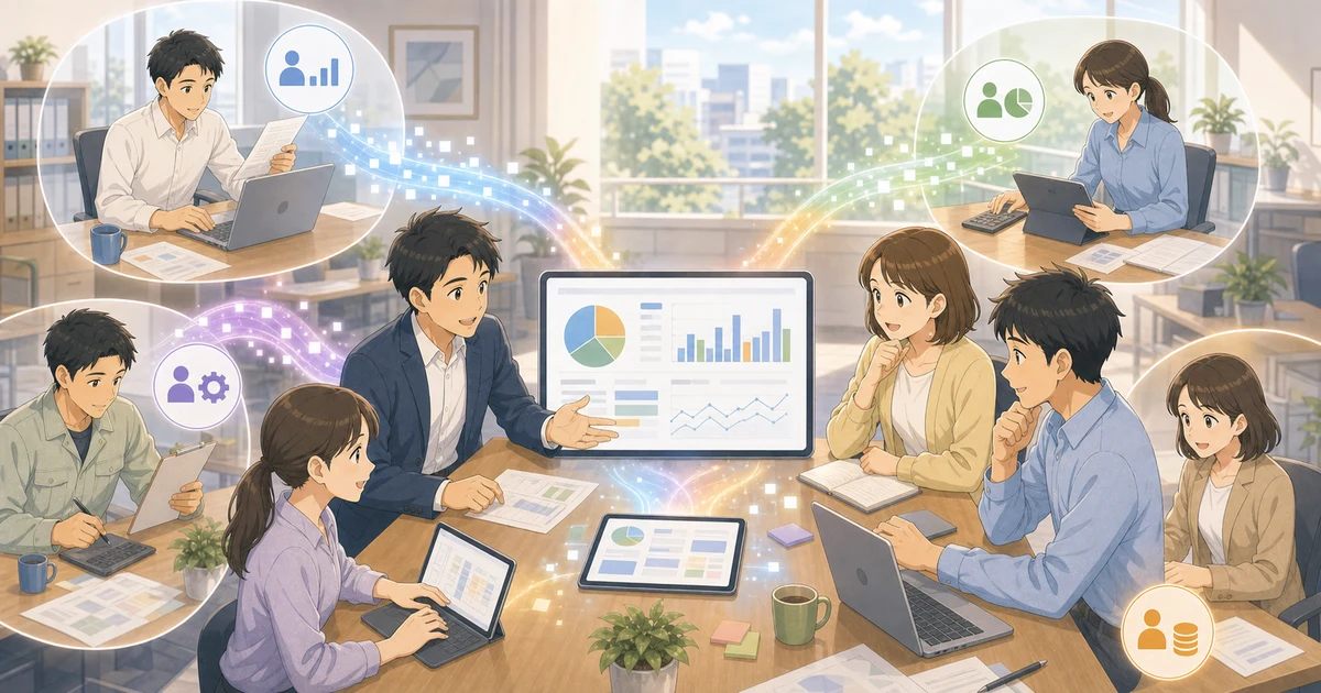 分散したデータを統合する意味 — 部分最適から全体最適へを表すソフトアニメ風のビジネスイラスト
