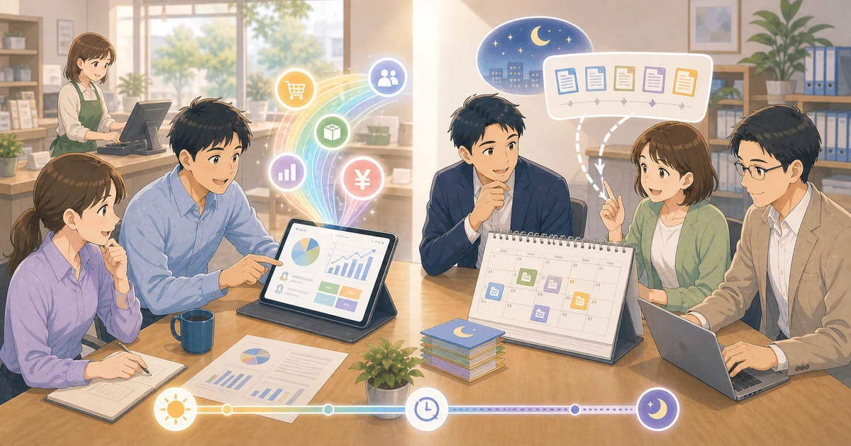 リアルタイム集計とバッチ集計、業務に応じた使い分けを表すソフトアニメ風のビジネスイラスト