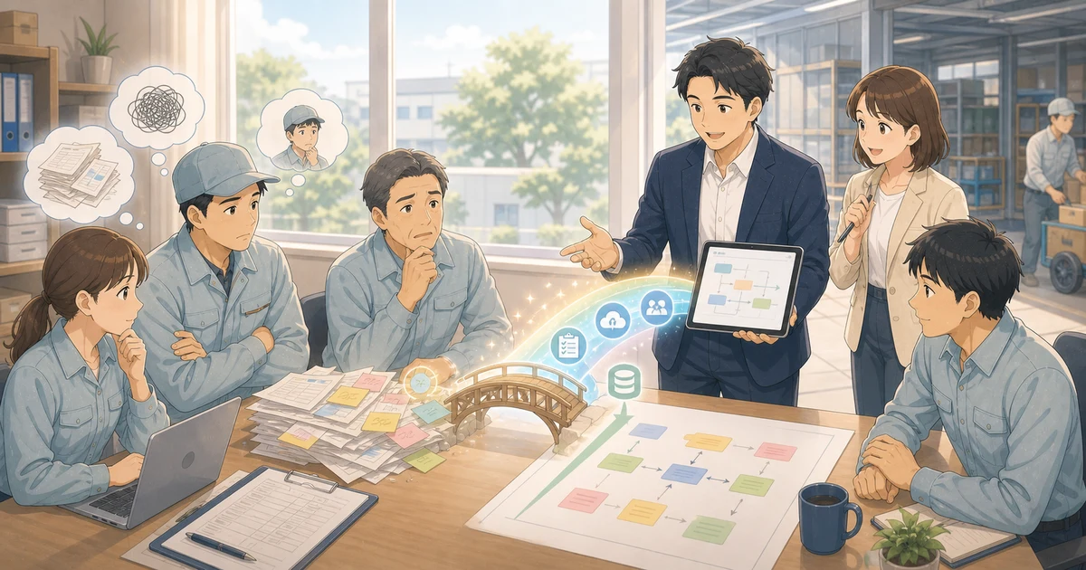 DX推進が現場の抵抗で止まる理由を表すソフトアニメ風のビジネスイラスト
