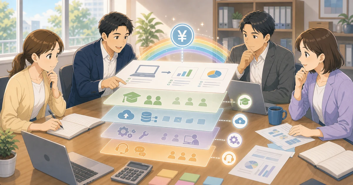 DX投資の意思決定を誤らせる「見えないコスト」の存在を表すソフトアニメ風のビジネスイラスト