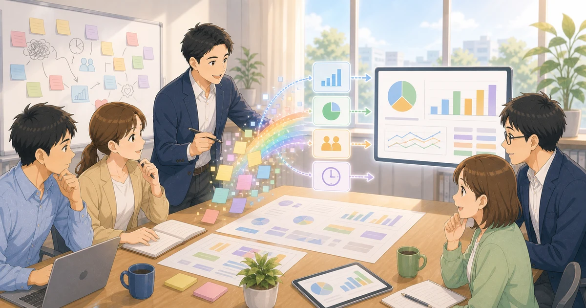 DXの成果をどう定義し、定量指標に落とし込むかを表すソフトアニメ風のビジネスイラスト