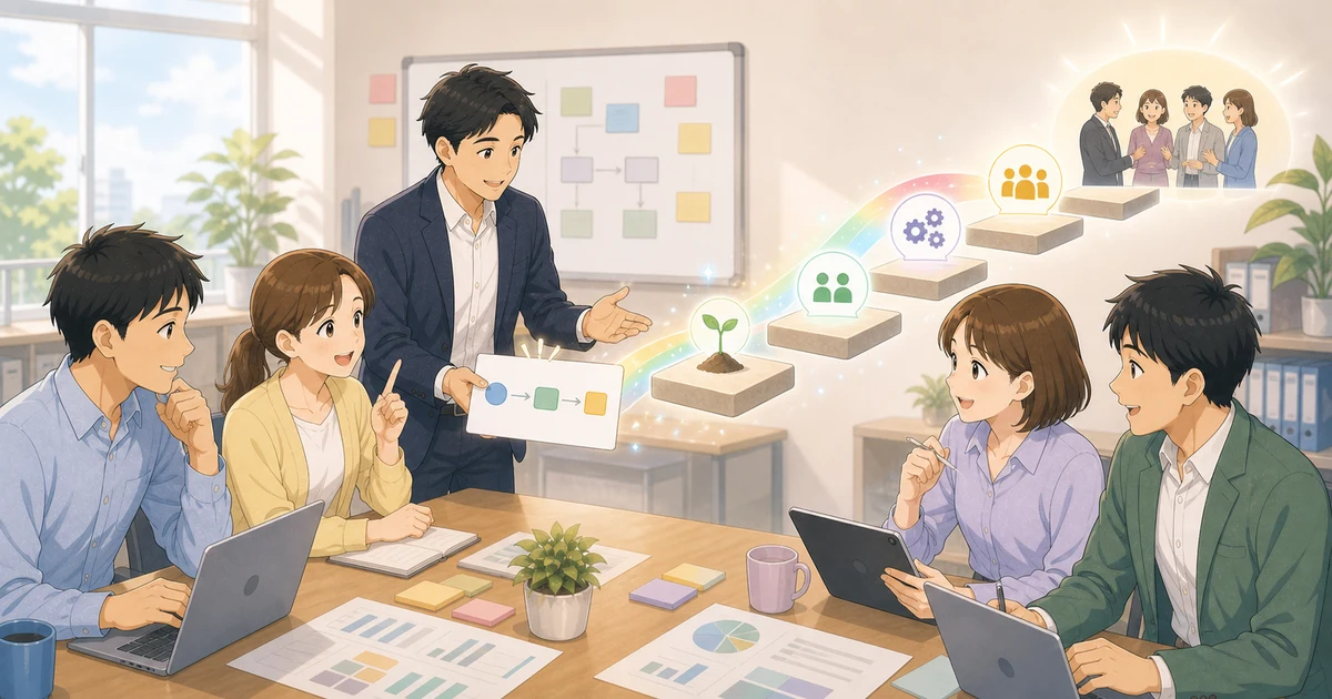 小さく始めるDXが定着しやすい理由を表すソフトアニメ風のビジネスイラスト