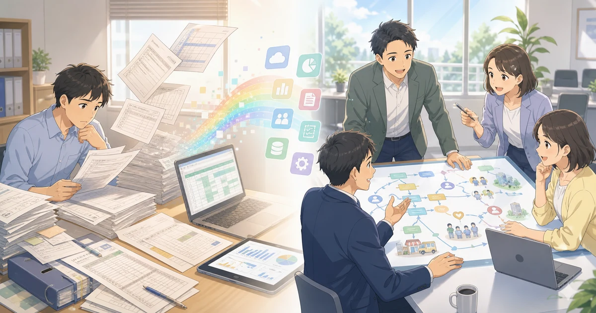 DXとデジタル化は何が違うのかを表すソフトアニメ風のビジネスイラスト