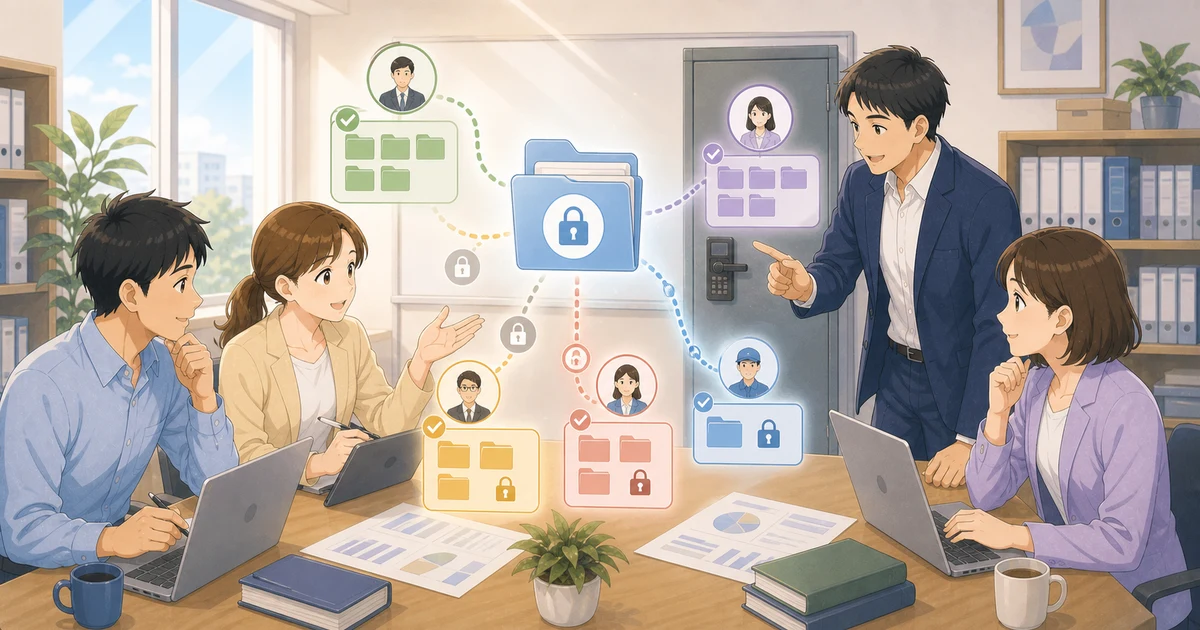機密情報を扱う業務システムのアクセス制御をどう考えるかを表すソフトアニメ風のビジネスイラスト