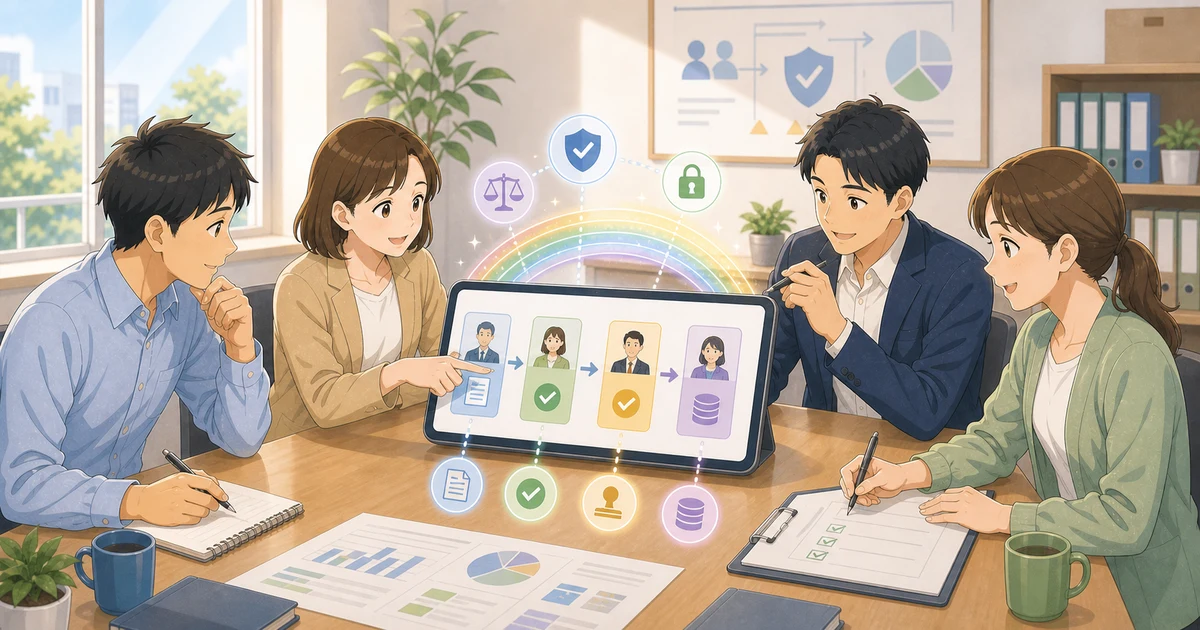 承認フローの設計が内部統制に与える影響を表すソフトアニメ風のビジネスイラスト