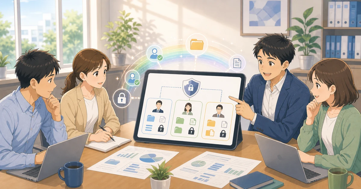 権限設計の基本 — 「最小権限の原則」とは何かを表すソフトアニメ風のビジネスイラスト