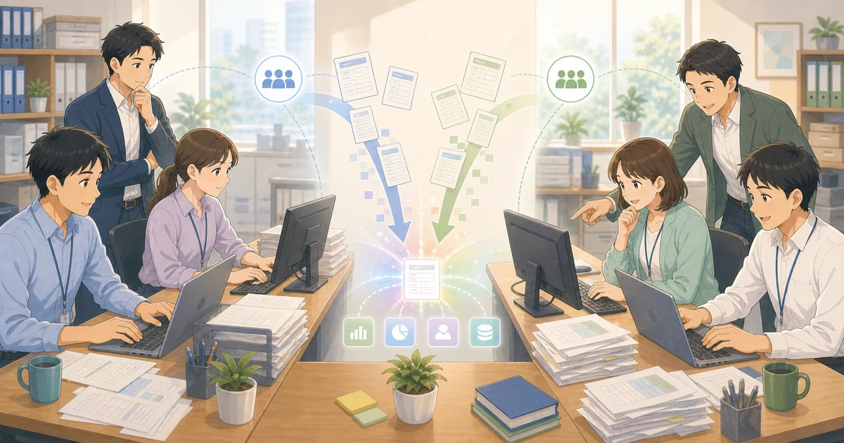 部門間の二重入力はなぜなくならないのかを表すソフトアニメ風のビジネスイラスト