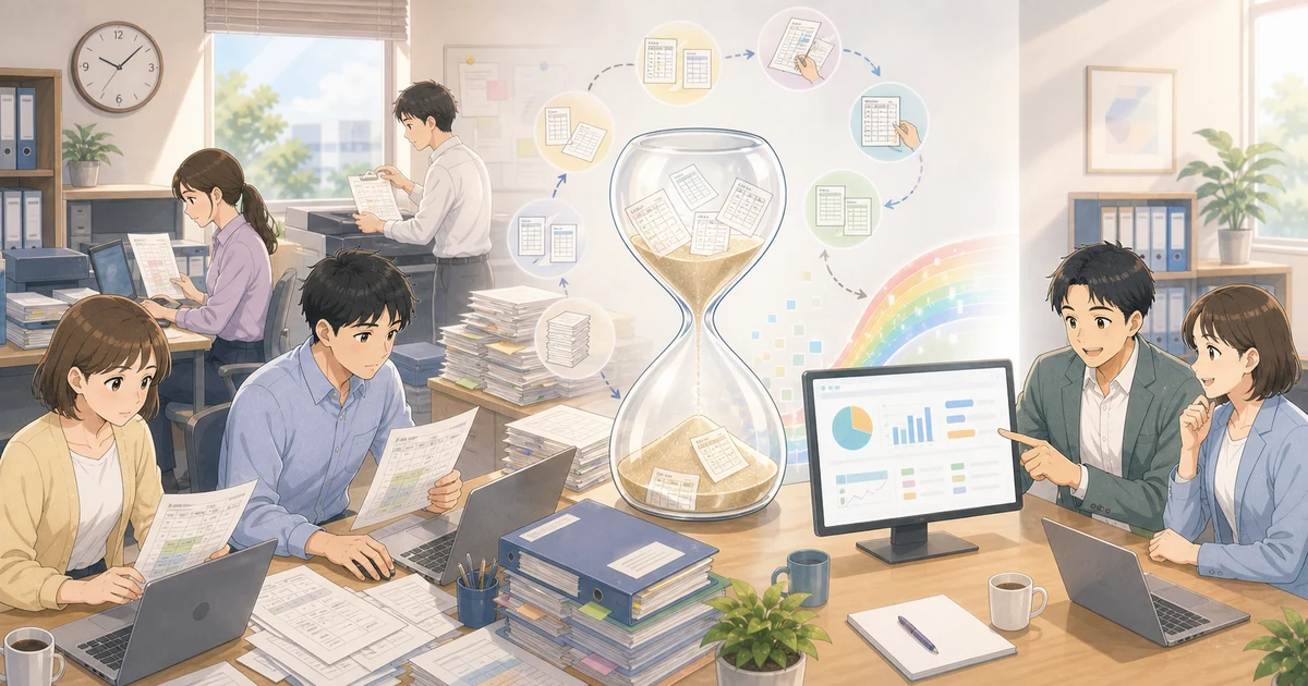 Excel運用が積み上げる「見えない工数」の正体を表すソフトアニメ風のビジネスイラスト