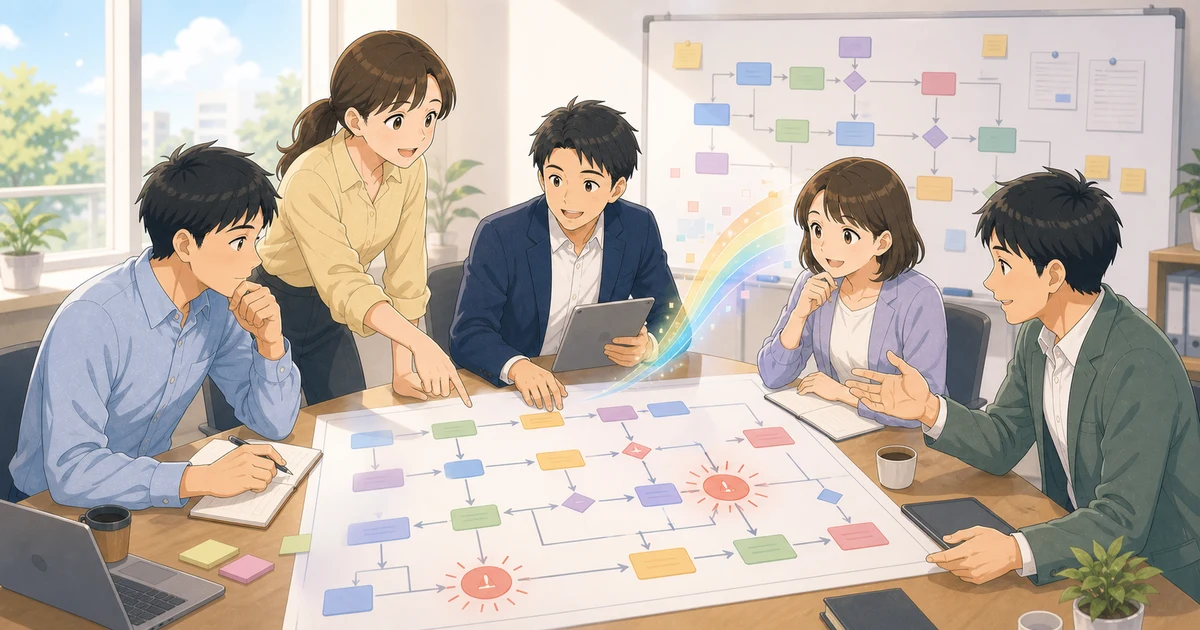 業務フローを可視化すると何が見えてくるかを表すソフトアニメ風のビジネスイラスト