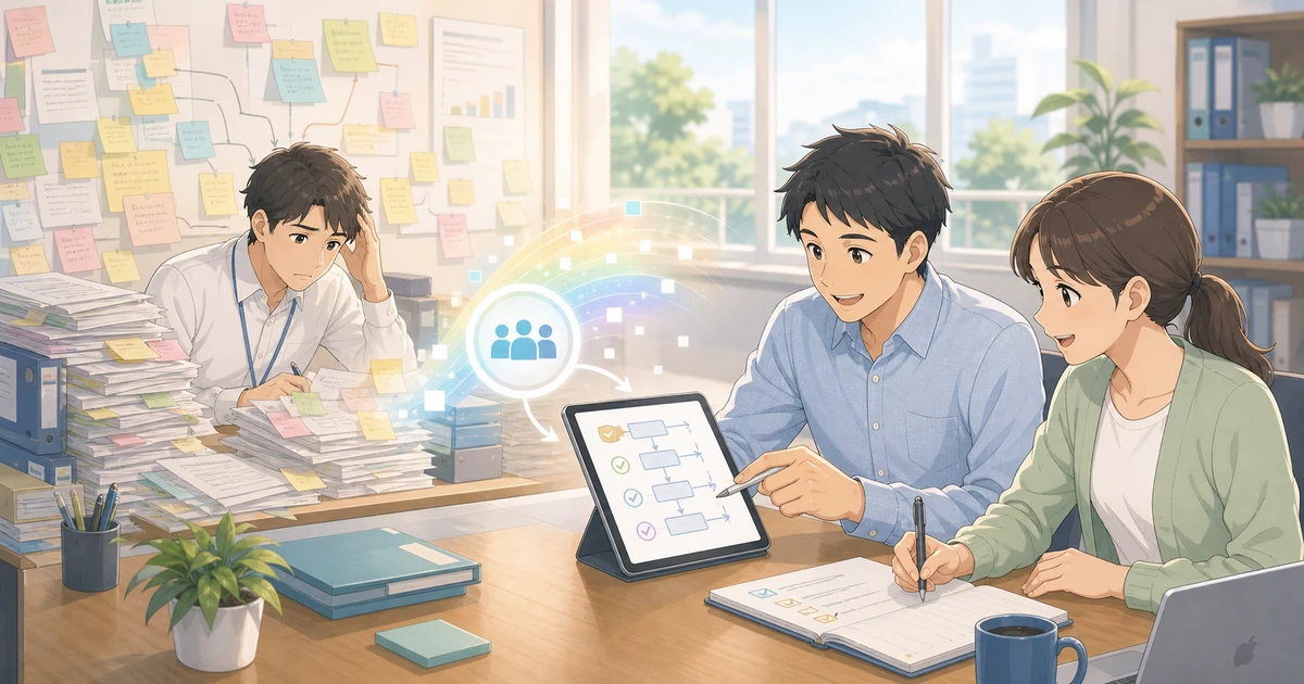 属人化した業務はなぜ引き継げないのかを表すソフトアニメ風のビジネスイラスト