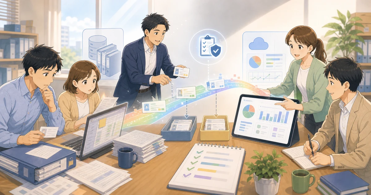 システム移行で失敗しやすいポイントを表すソフトアニメ風のビジネスイラスト