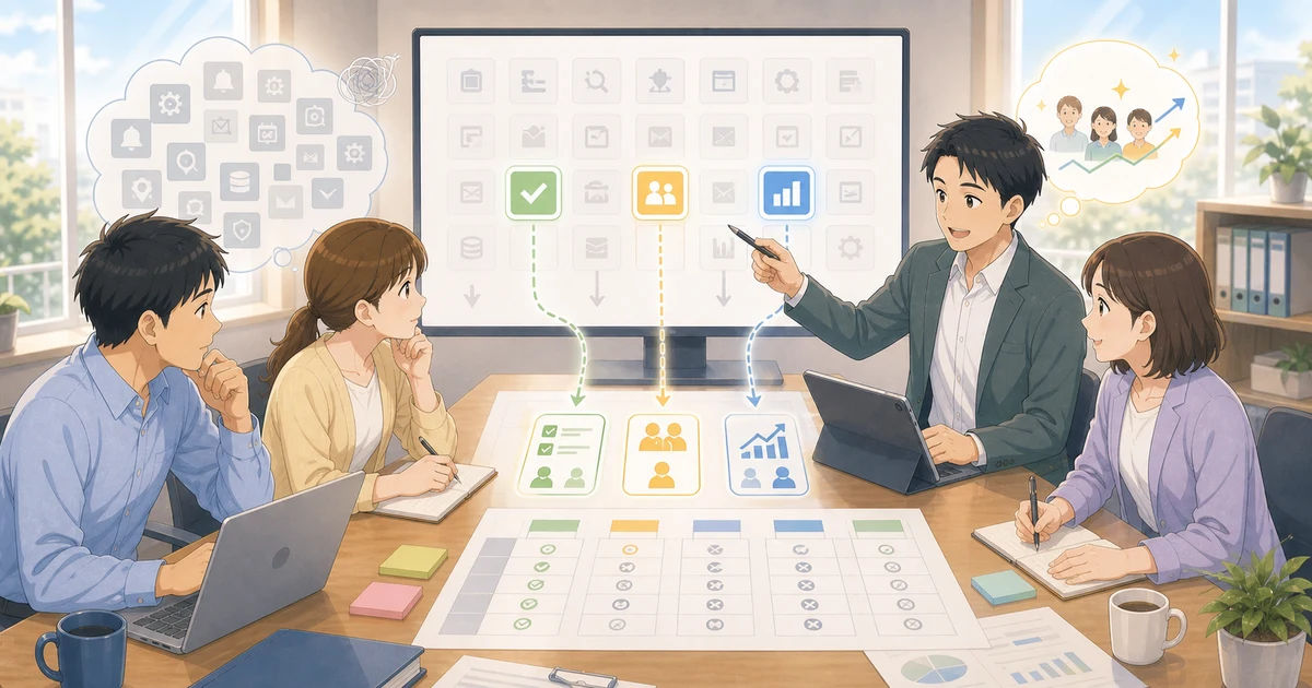 SaaS選定で見落とされがちな「使われない機能」の問題を表すソフトアニメ風のビジネスイラスト