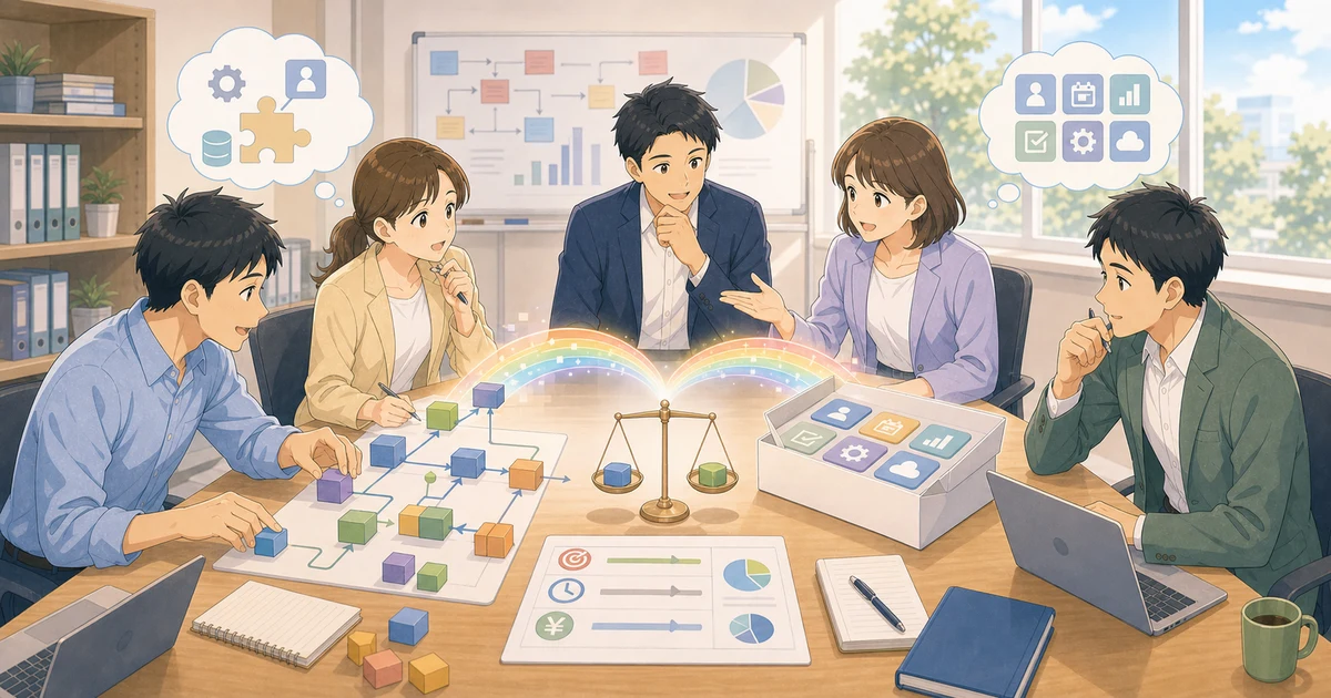 スクラッチ開発とパッケージ活用、判断の分かれ目を表すソフトアニメ風のビジネスイラスト
