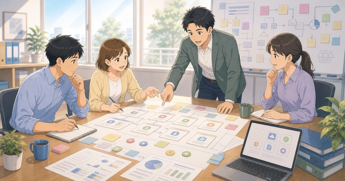 システム選定の前に整理すべき「要件」の考え方を表すソフトアニメ風のビジネスイラスト